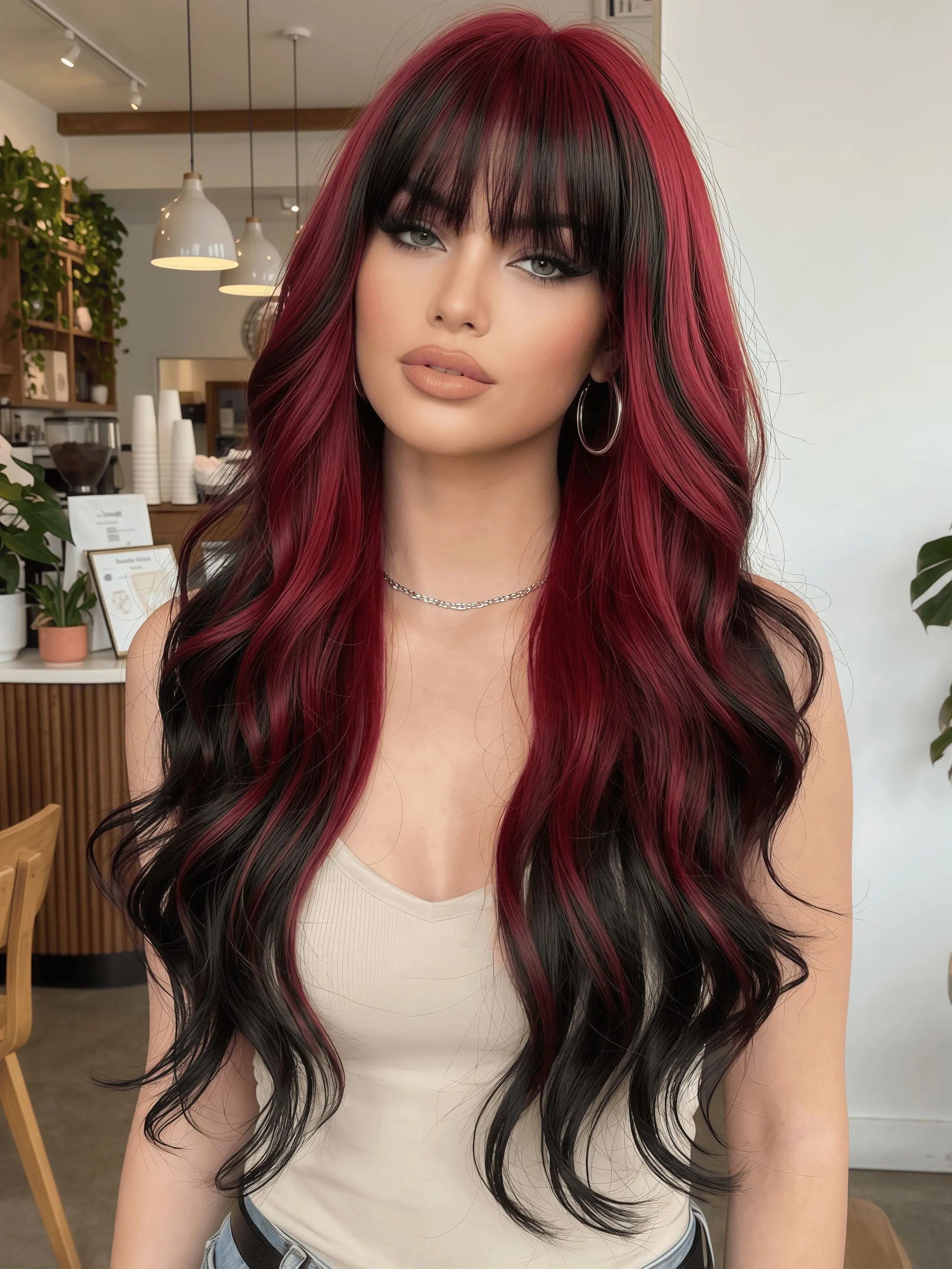 Black and Burgundy Red Highlight Wig for Women, Long Wavy Synthetic Adjustable Fit Wig with Bangs, 22inch Two Tone Black Red Curly Wig, Heat Resistant Fashion Wig for Daily Halloween Cosplay, Fun Wigs