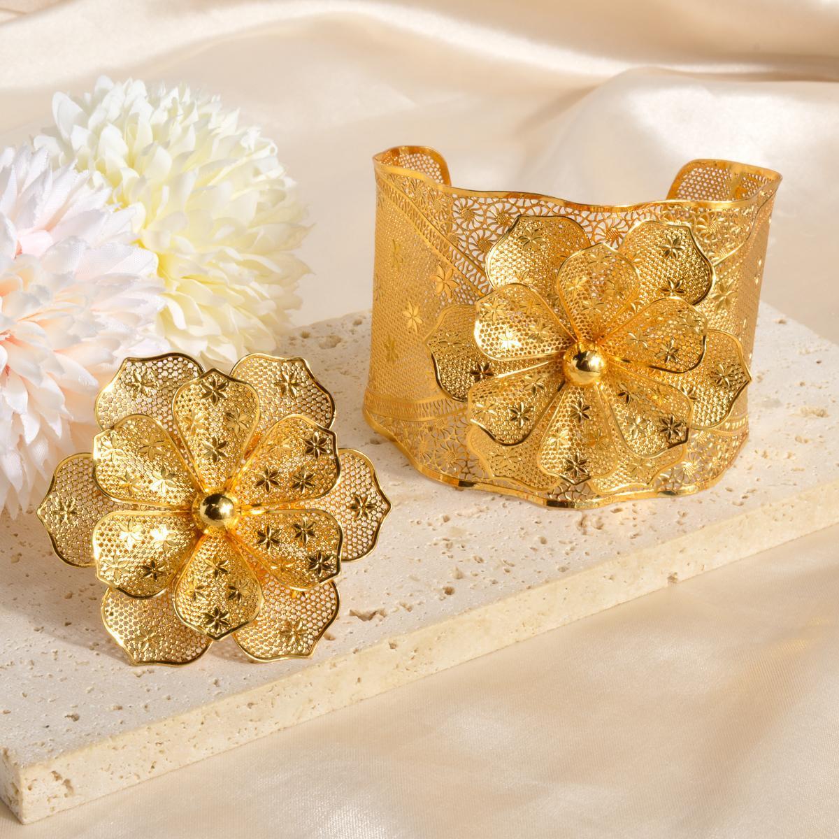 ZEADear Luxury Gold Plated Bangle Ring Sets Dubai Ethiopia France Indian Flower Rings Bracelet For Women Wedding Jewelry Gift