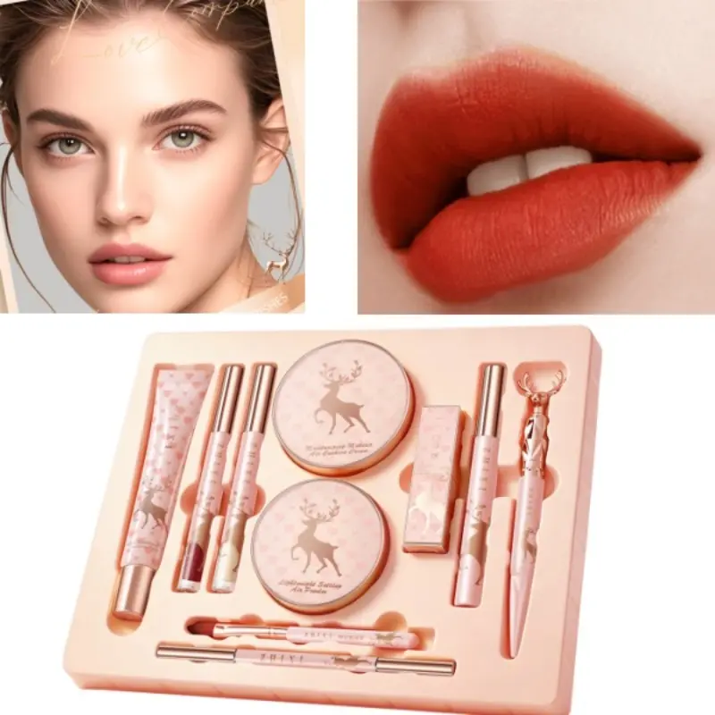 10-Piece Makeup Set, Foundation Lipstick Mascara Eyebrow Pencil Eye Liner Loose Powder, Beginner Friendly, Brightening, Portable