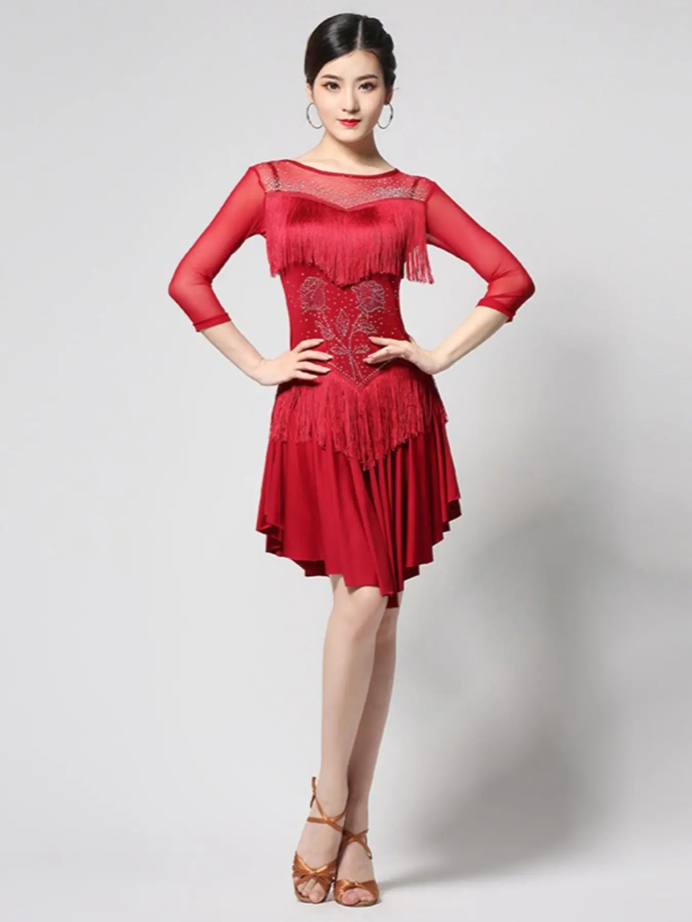 Latin Dance Dress Milk Silk Slim Waist Shiny Wear Resistant Adult Dancer Group Stage Competition Dance Examination Portrait Outfit