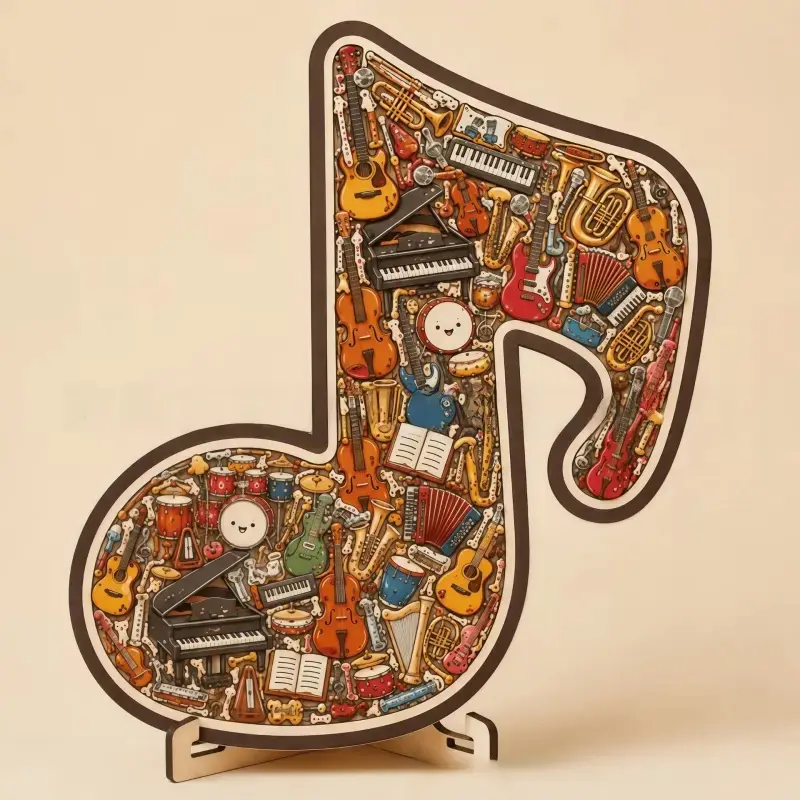 DIY Wooden Music Note Shaped Puzzle Display Stand, Wood Puzzles, Tiny Instrument Collection Art Decor, Unique Gift for Musicians Music Teacher Music Fans