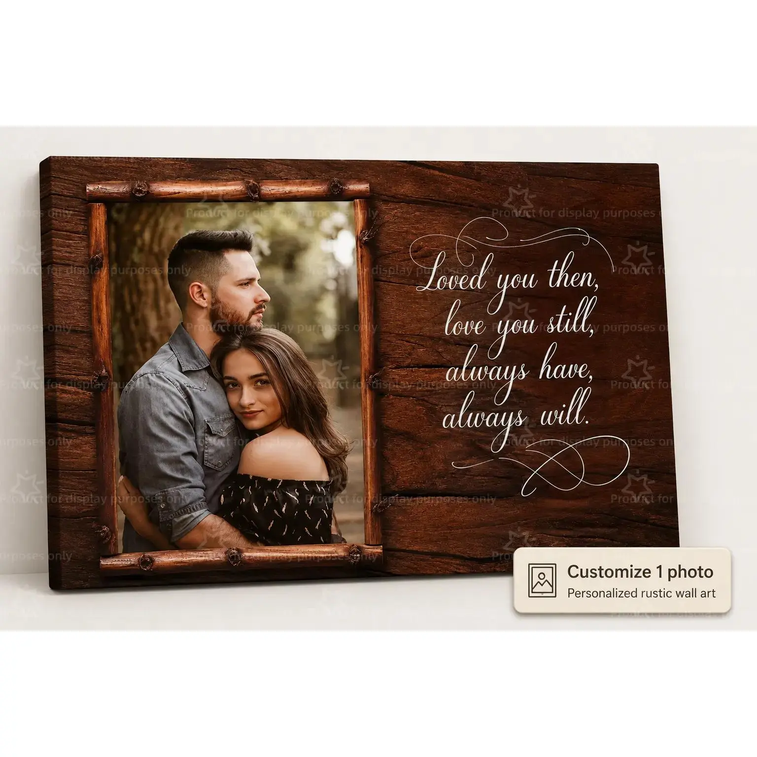 Custom 1 Photo Rustic Love Canvas Wall Art, Personalized Couple Memory Poster Print, Bedroom Living Room Home Decor, Anniversary Gift, Decorative Poster, Unframed Canvas Poster or Framed Canvas Wrap