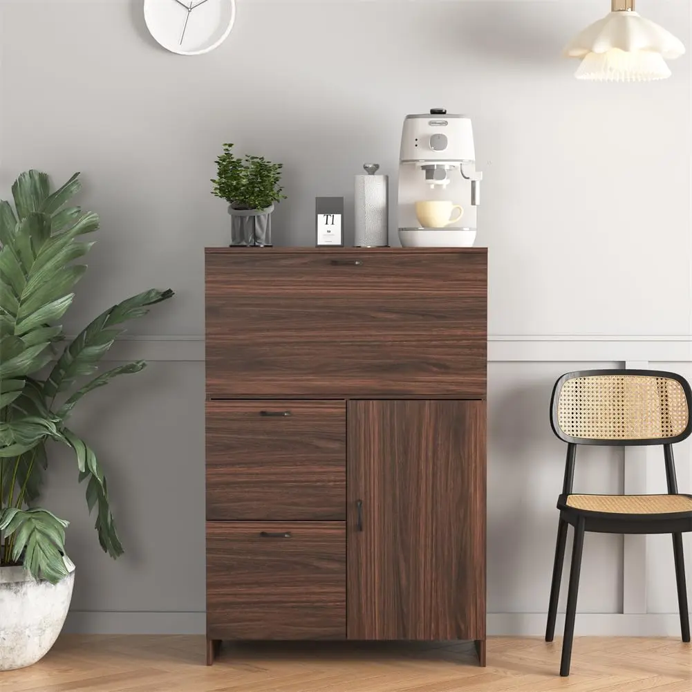 File Cabinet with Fold-Up Desktop – Storage Cabinet with Drawer & Shelves, Space-Saving Wood Organizer for Home Office, Dormitory, Small Spaces