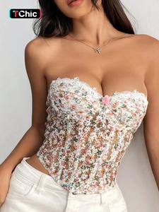 women's ditsy floral contrast lace corset structure tube top, fashion casual lace up tie back strapless top for daily outdoor wear, ladies clothes for summer, womenswear