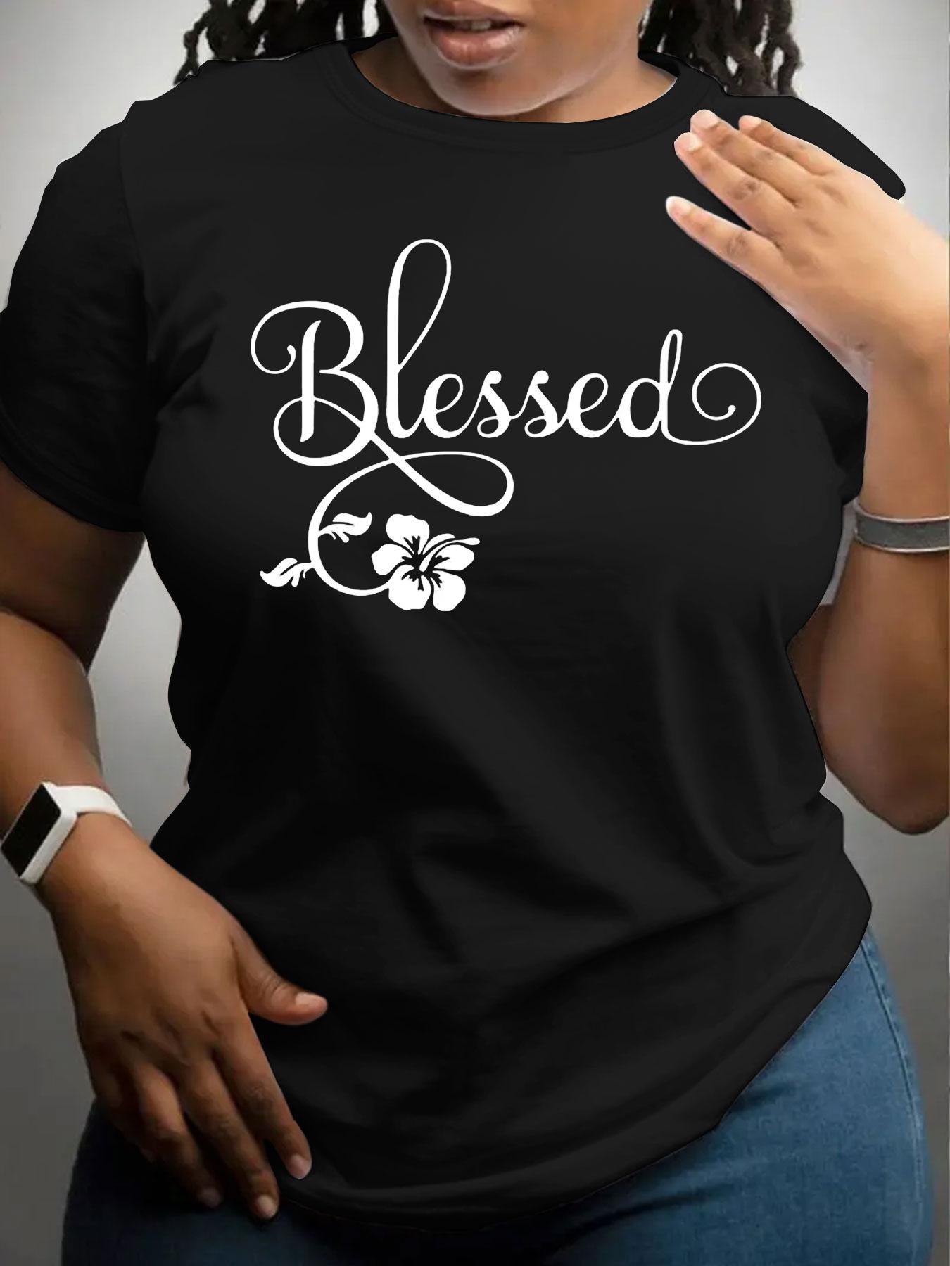 【Plus Size】 Letter & Flower Print Round Neck Tee, Casual Short Sleeve Crew Neck T-Shirt for Daily Wear, Women Plus Clothing for All Seasons