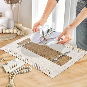 4/8pcs Bohemian Rustic Placemats, Hand-Crocheted Coffee Table Mates with Tassels in Farmhouse Burlap Style for Home Dishware Heat Insulation. Perfect as Boho Charm Decorations at the Dinning Room or Wedding Party Holiday Celebration,Party Table Decor