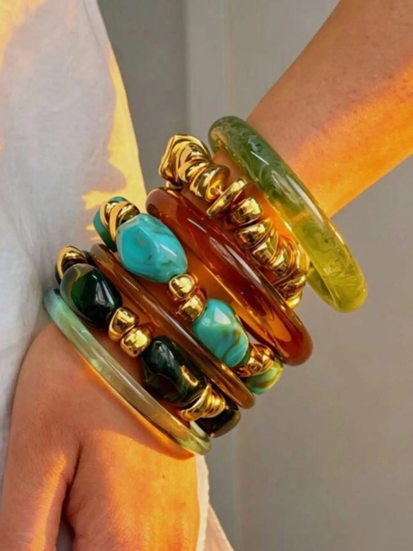 7 Piece Fashionable Acrylic Beaded Bracelets Set, Vintage High-End Colorblock Design, Elegant Fall & Winter Jewelry Collection, Stackable Beaded Bracelet