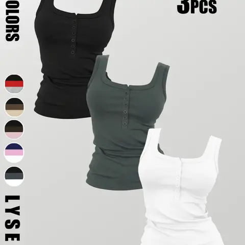 3PCS Women's Sporty Square Neck Solid Color Sleeveless Top, Breathable Button Front Fitted Tank Tops for Summer, Casual Minimalist Fashion Three-Piece Set