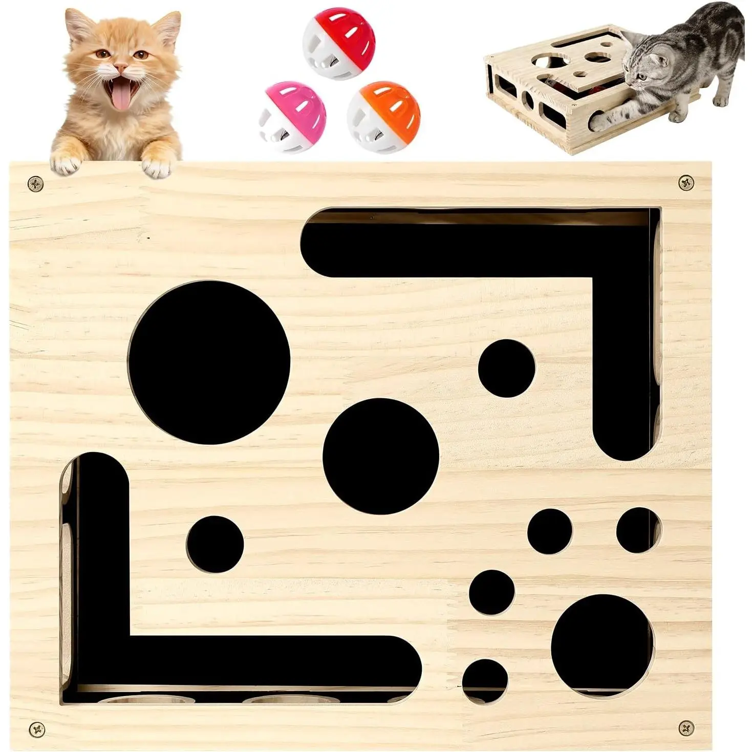 Cat Scratch Puzzle Enrichment Box, Wooden Cat Nail File Box Stress Free Alternative to Grinders, Maze Toy Box for Indoor Cats Scratching, with Sandpaper & 3 Bell Balls