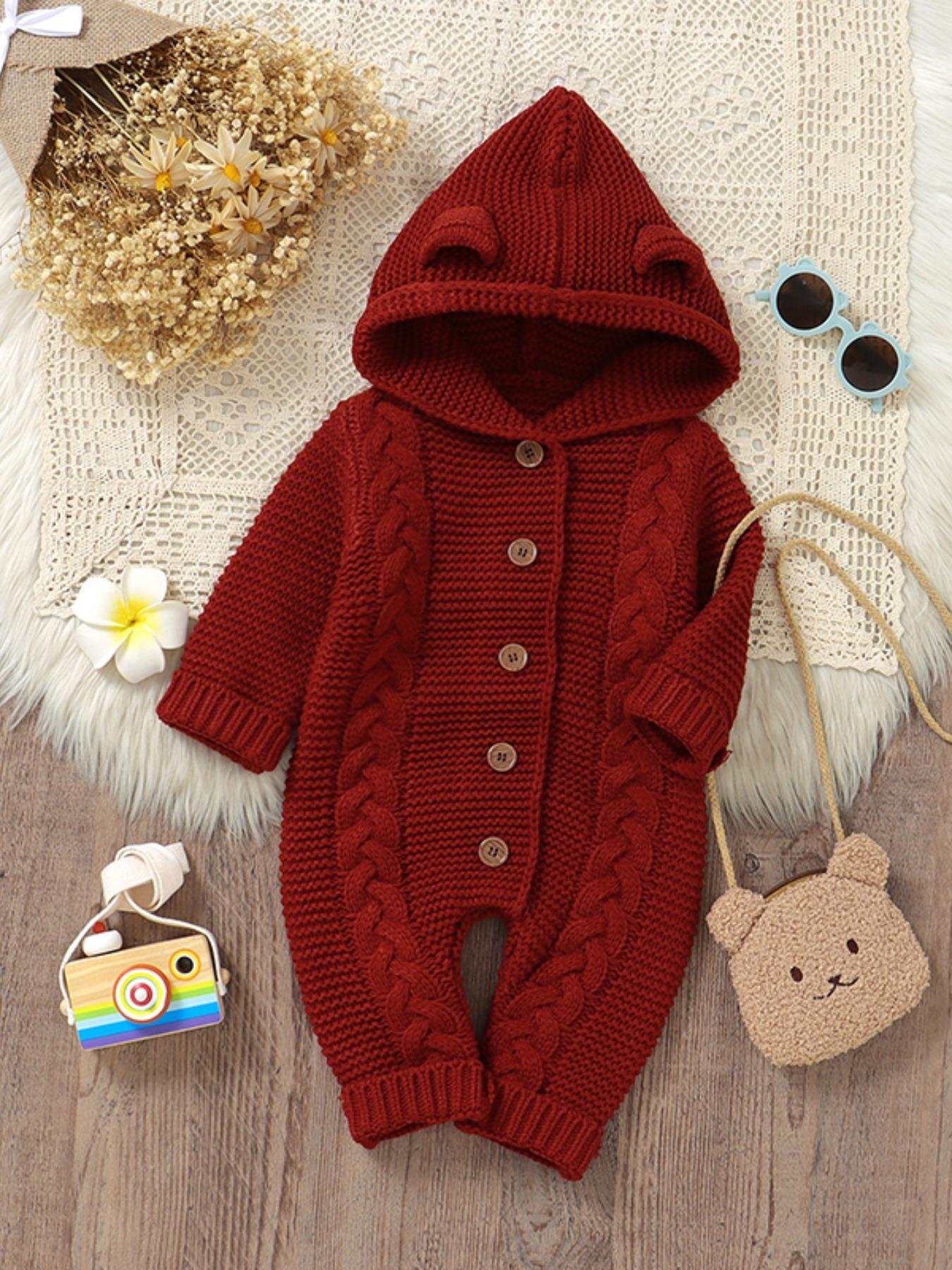Baby's Solid Cable Knit Button-Front Hooded Sweater Jumpsuit, Cute Casual Long Sleeve Jumper Onesies for Newborn and Infant, Baby Clothing for Daily Wear