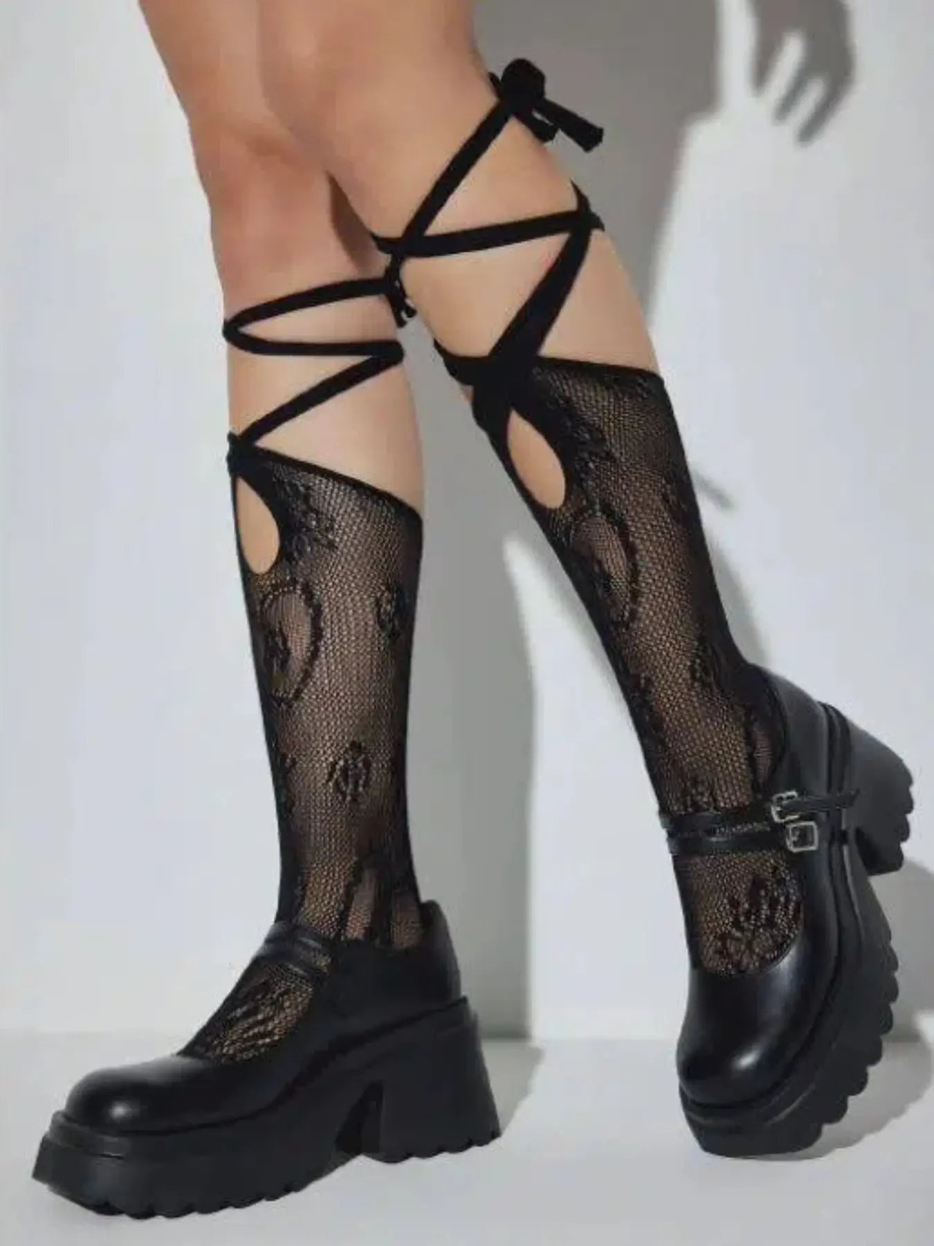 1 Pair (Black and White) Sweet & Spicy Ballet-Style Lace Crisscross-Strap Calf Socks for Women by Coquette—Perfect Match for Mary Jane Shoes in the Balletcore Style