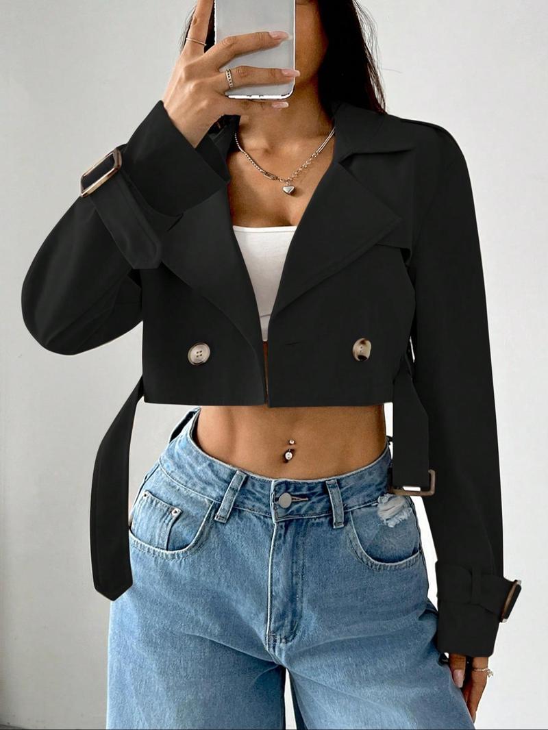 Women's Solid Double Button Belted Lapel Neckline Crop Trench Coat, Casual Long Sleeve Crop Outerwear for Spring & Fall, Women's Clothing for Daily Wear, Lady Jackets