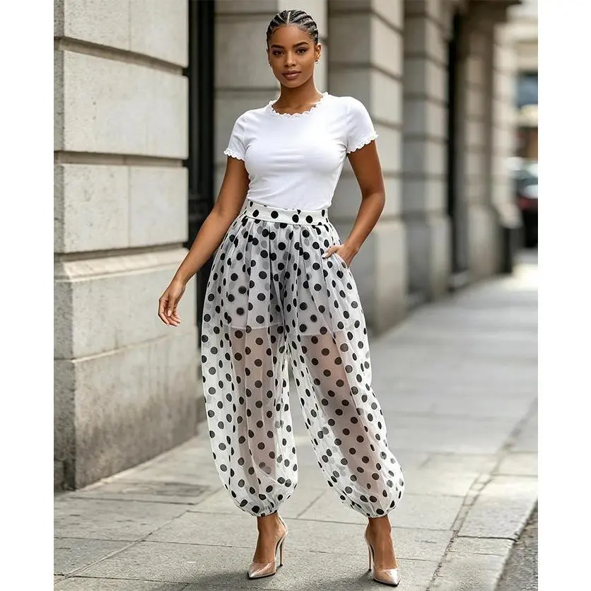 Women's Purple/Black Polka-Dot Sheer High-Waisted Wide-Leg Harem Gaucho Pants Casual Streetwear Vibe Trendy Summer Outfit