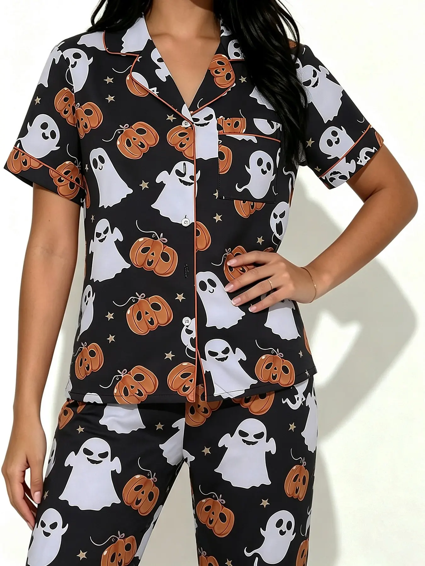 Women's 2 Piece Loungewear Set, Halloween Ghost Pumpkin Print Lapel Short Sleeve Shirt + Elastic Waist Long Pants, Smooth Silky Fabric Loose Fit Outfit For Home Relax Halloween Party Daily Casual Wear