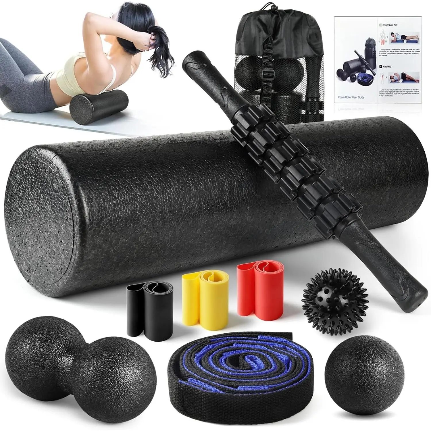 7 in1  Roller Set for Deep Tissue   - High Density  Roller,  Roller Stick, Resistance Bands, Foot Massage Ball, Stretching Strap for Exercise, Whole  Physical
