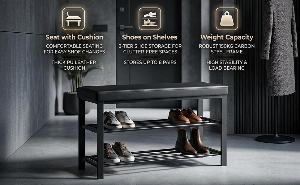 Entryway Shoe Rack with Cushioned Seat, Shoe Bench for Entry, 2 Shelves Storage Bench w/Faux Leather Top Bed Bench, Black