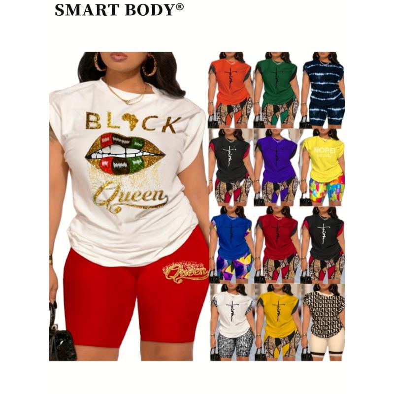 summer  new style dress unique Faith Letter Plaid Shorts Set with Pockets Short Sleeve Crew Neck T-shirt & Biker Casual Two-Piece Athletic Outfit, White Black Brown Stripes Top Tee + Pant Tracksuit Perfect for Summ