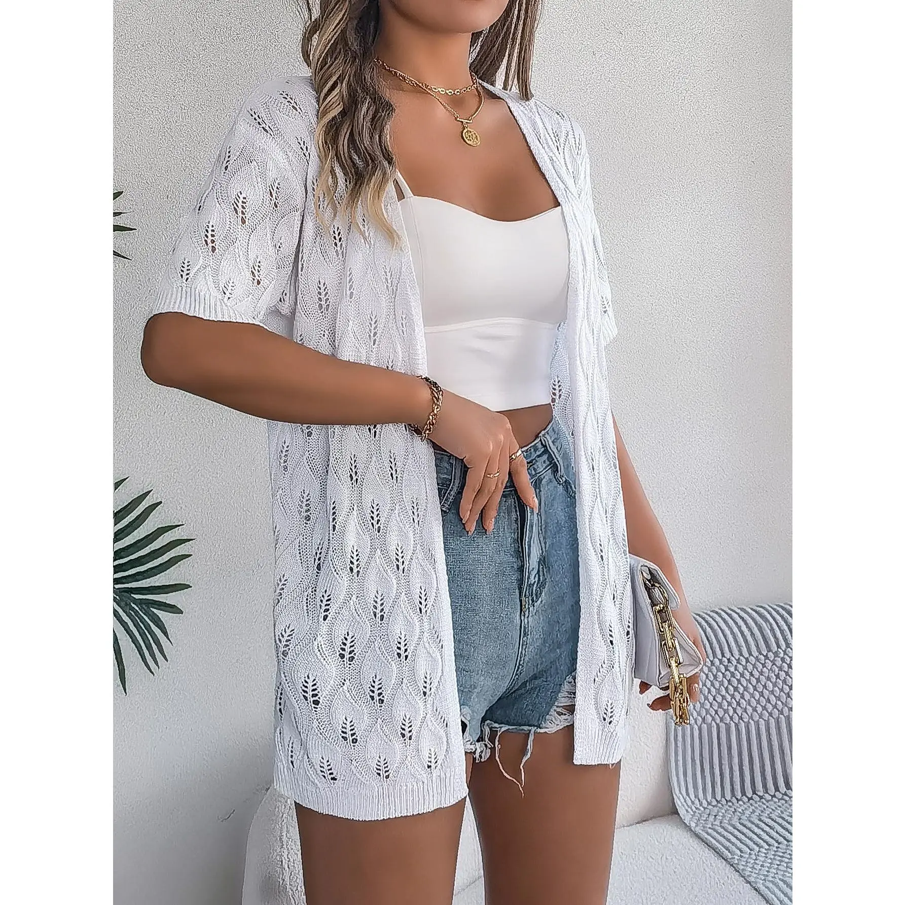 YF Women's Mid Length Short Sleeve Hollow Out Knit Cardigan Open Front Lightweight Crochet Cover Up Summer Sun Protection Sweater for Beach Vacation Daily Work Casual Layering