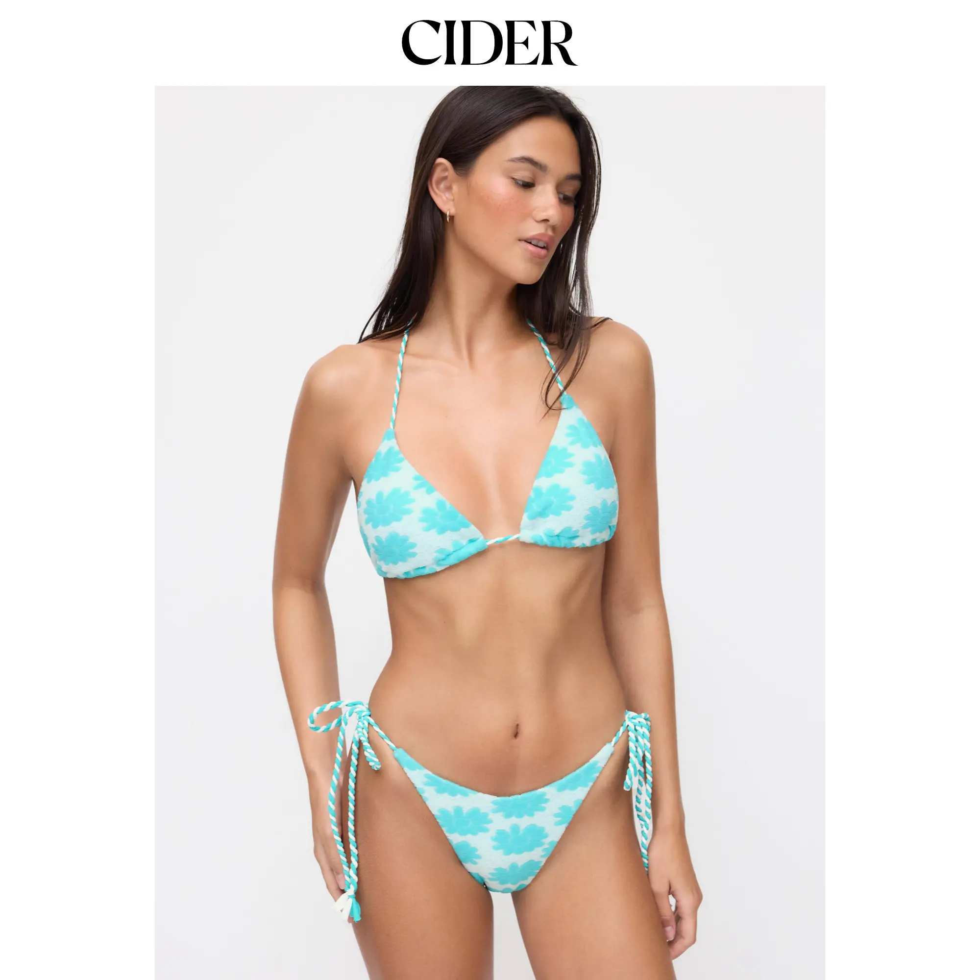 Cider Floral Halter Neck Triangle Bikini Set With Twisted Rope Straps