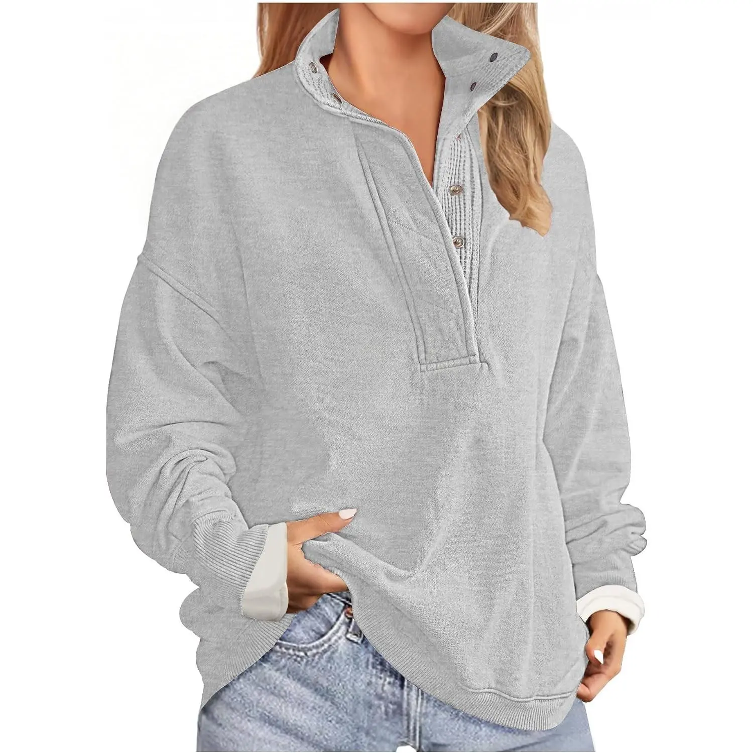 Oversized Sweatshirts for Women No Hood Mock Neck Fleece Lined Waffle Long Sleeve Button Pullover Tunic Sweatshirt