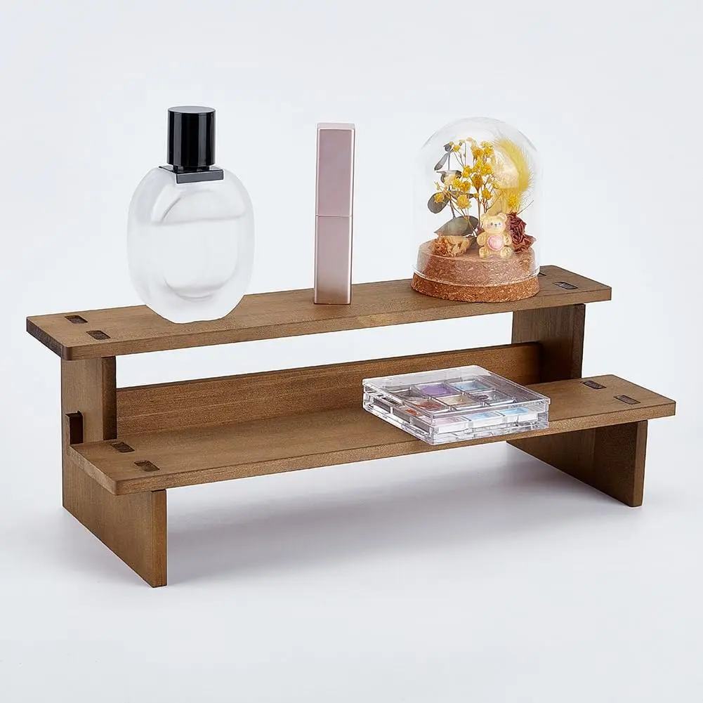 2-Tier Wooden Display Riser Shelf, 4.69x11.65x3.78 Inch Camel Tabletop Small  Stand Risers Display Makeup Step Perfume Organizer for   Figure Collection