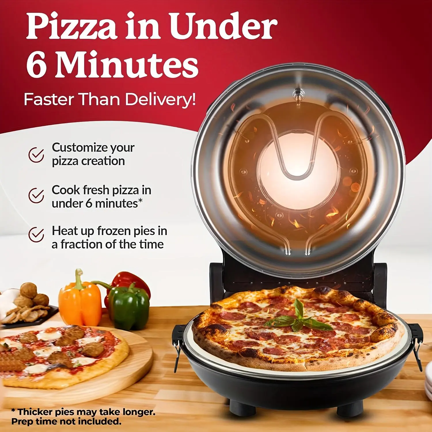 12 in Indoor Countertop Electric Pizza Oven Black Pizza Maker with Dual Heat Controls, Reaches 800°F, Cooks in Under 6 Min
