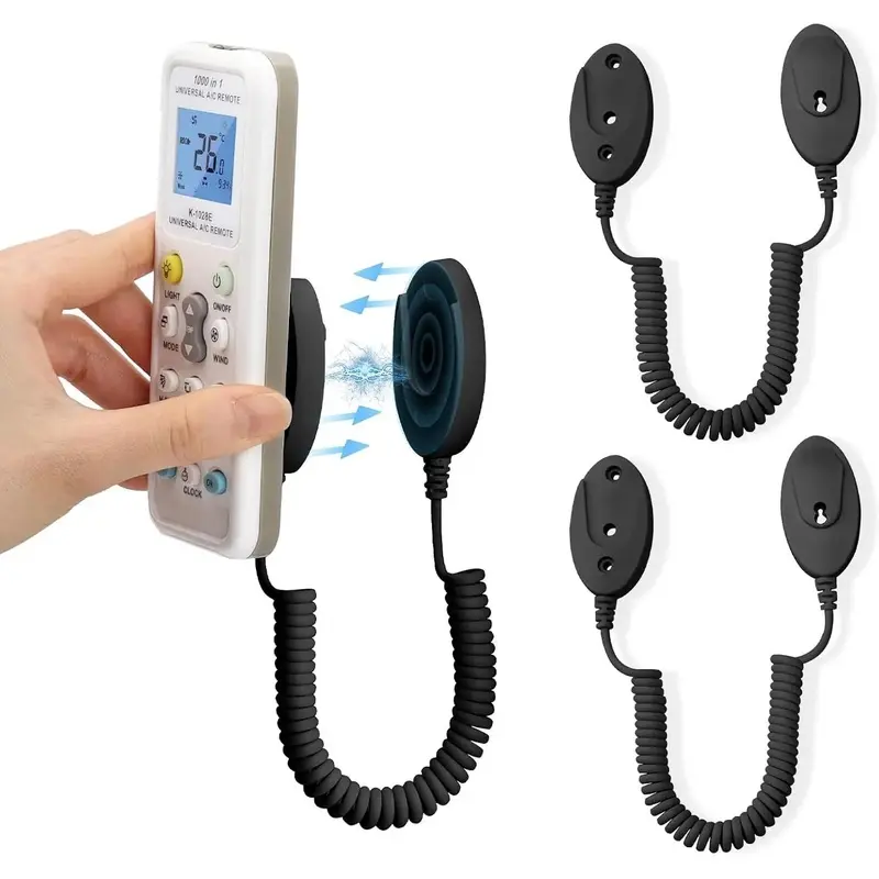 2-Pack Wall-Mount Remote Control Organisers with Adhesive Installation, 43in Extendable Spring Ropes, Rapid Adsorption, Anti-Loss Design for Securing Remotes & Small Items (Black), Organiser