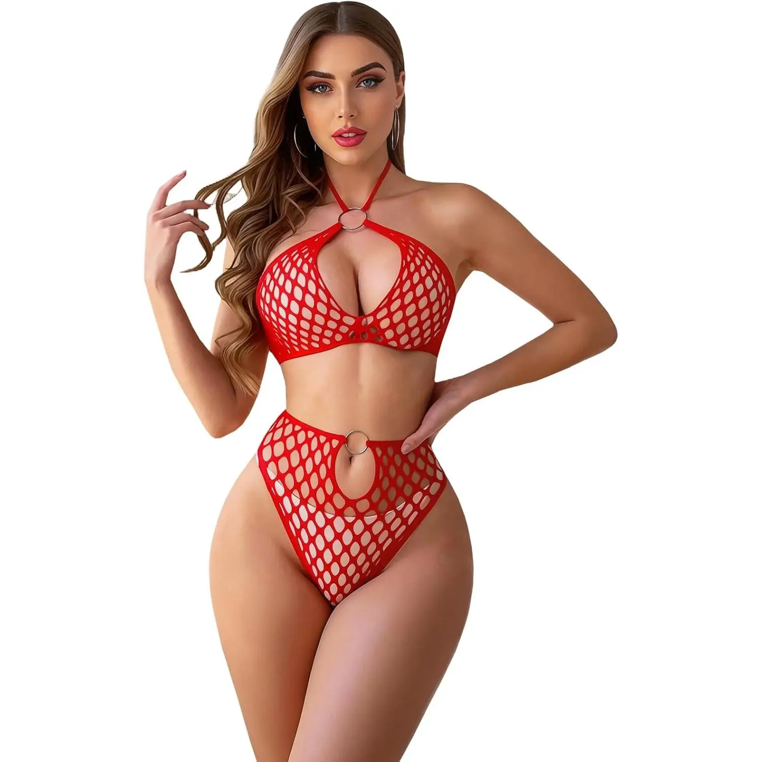 Goddess Closet Red Bra and Panty Set for Women 2 Piece Sexy Lingerie Fishnet Sets Mesh Slutty Outfits Naughty Onesize 2-8