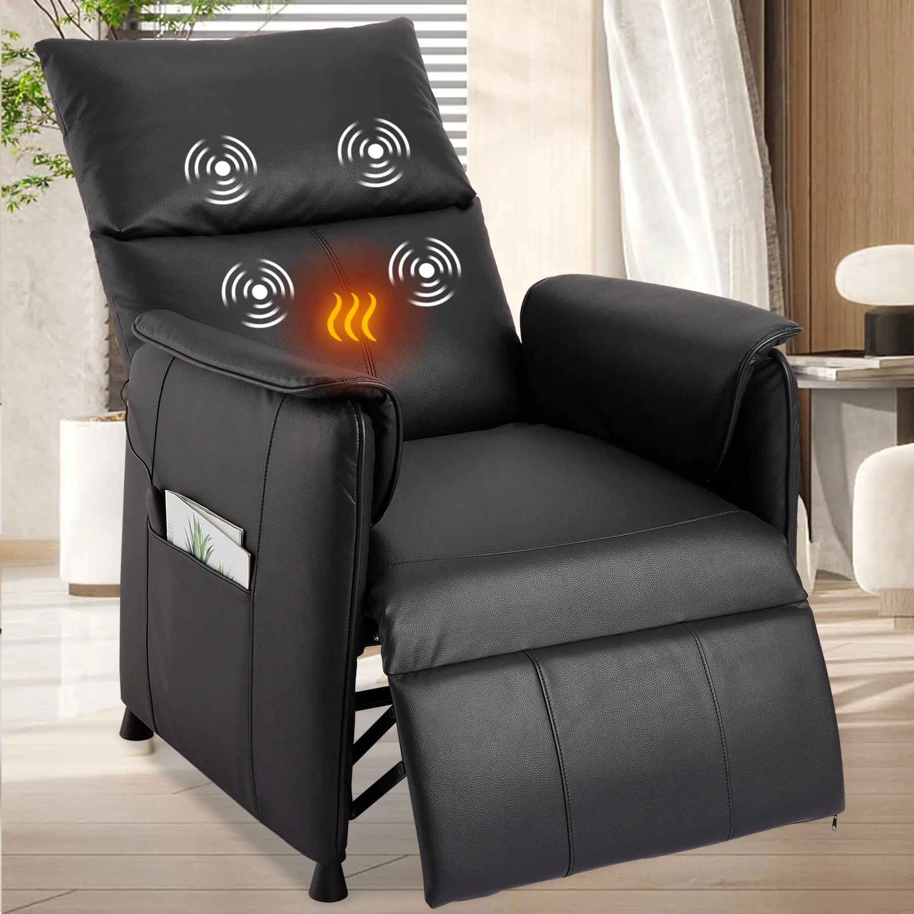 Electric Recliner Sofa Bed with Massage & Heat – Adjustable PU Leather Single Sleeper Chair with Remote, Perfect for Living Room, Office, or Home Theater (Black)