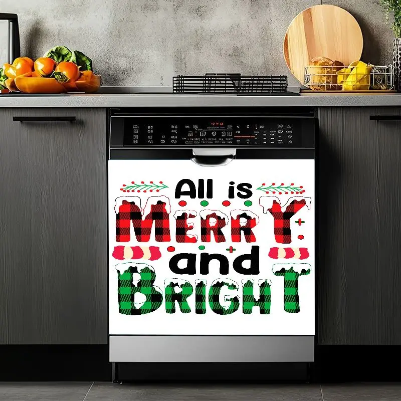 2D Flat 2Pcs Christmas Buffalo Plaid Dishwasher Magnet Cover Holiday Kitchen Appliance Decor Merry and Bright Pattern Magnetic Stickers for Washing Machine Refrigerator Door Decoration Festive Home Decal Washable Reusable