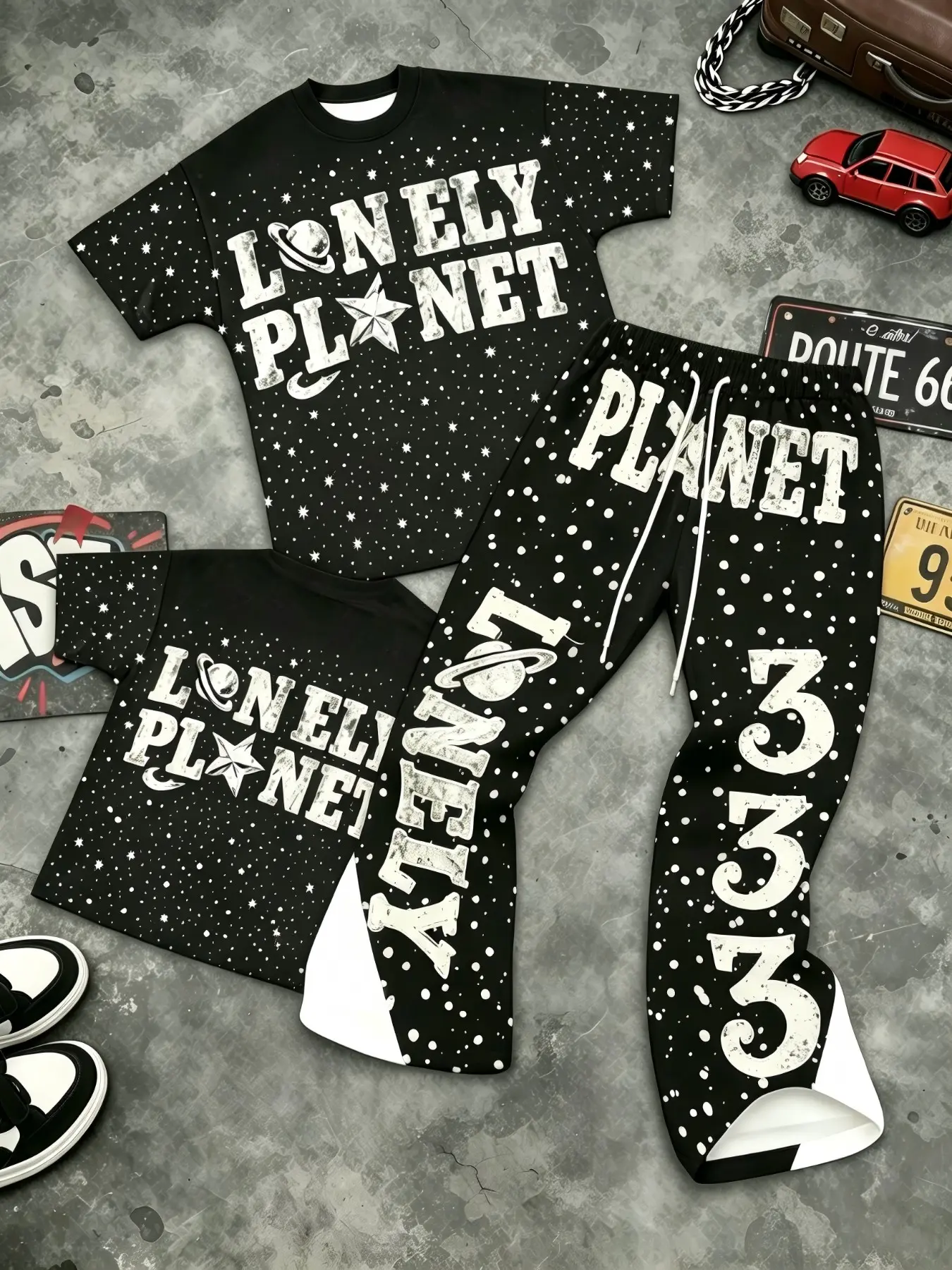 Toddler Boys Black Starry Sky Full Print "LONELY PLANET" Distressed Letter Short Sleeve Tee 2 Piece Streetwear Set, Oversized Hip Hop Top + Baggy Curved Knife Long Pants Retro Kids Summer Outfit Graphic Print Set Matching Set 2–10Y Outfits Set