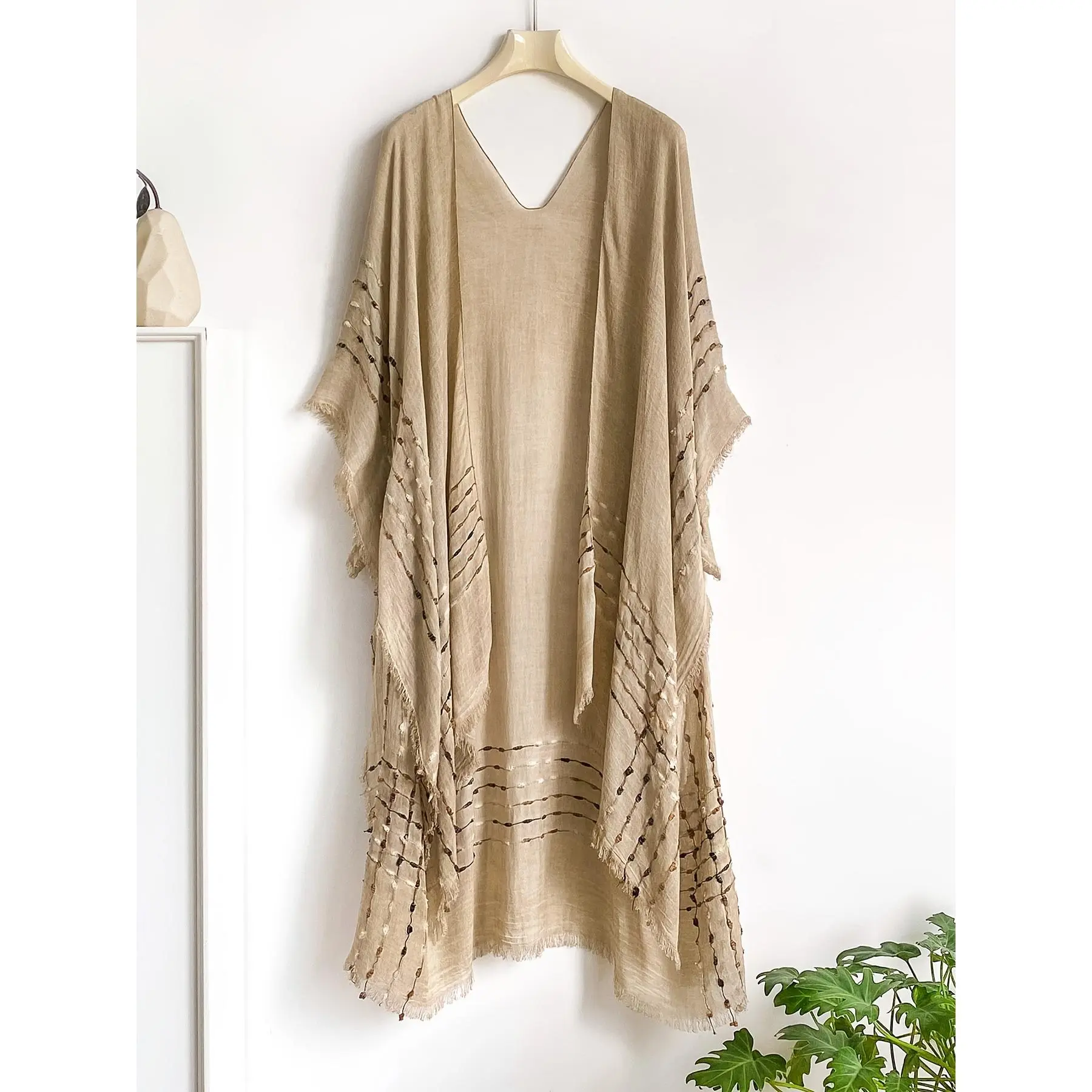 Women's Bohemian Beige Ethnic Style Long Cardigan