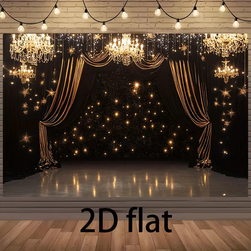 1pc Polyester 2D Flat Print Luxury Look Photo Backdrop Banner, Non-Luminous Party Prop with Dazzling Chandeliers, Ornate Curtains & Twinkling Light Prints for Weddings, New Year Celebrations