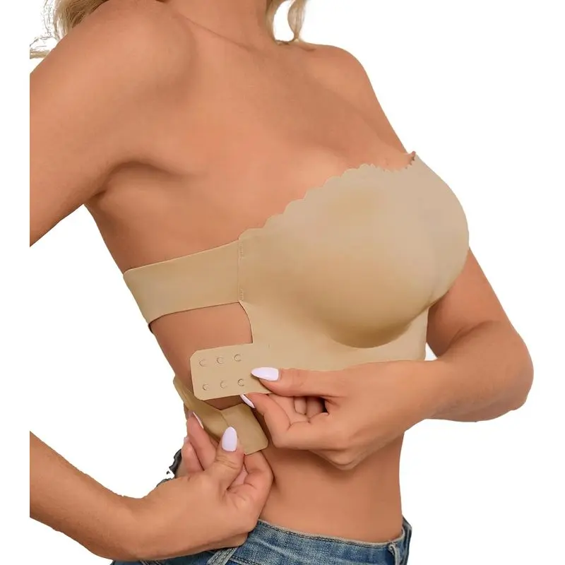 Women's Strapless Neck Spandex Blend Tube Top Bra - Non-Slip Silicone, Comfy Wavy Edge, Back Cross, Wireless, Padded, All Seasons, Machine Washable