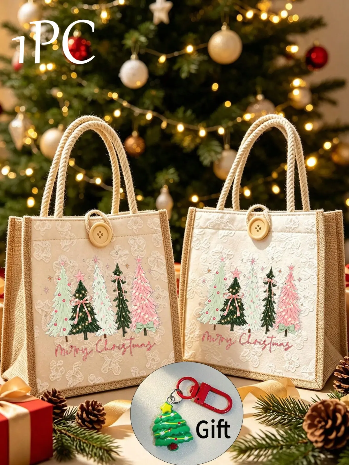 Christmas Print Linen Satchel, Reusable Women's Handbag, Large Capacity Shoulder Bag, Casual Shopping Bag, Perfect Gift for Friends and Teachers