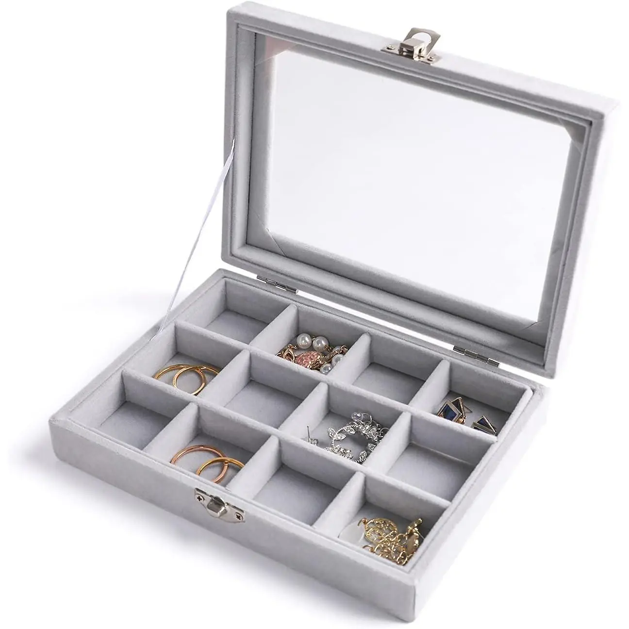 Organizer Tray with Clear Lid, 12 Grid  Drawer Insert Storage Box with Transparent Lid Display Case  for Women (Grey, 12 Grid)