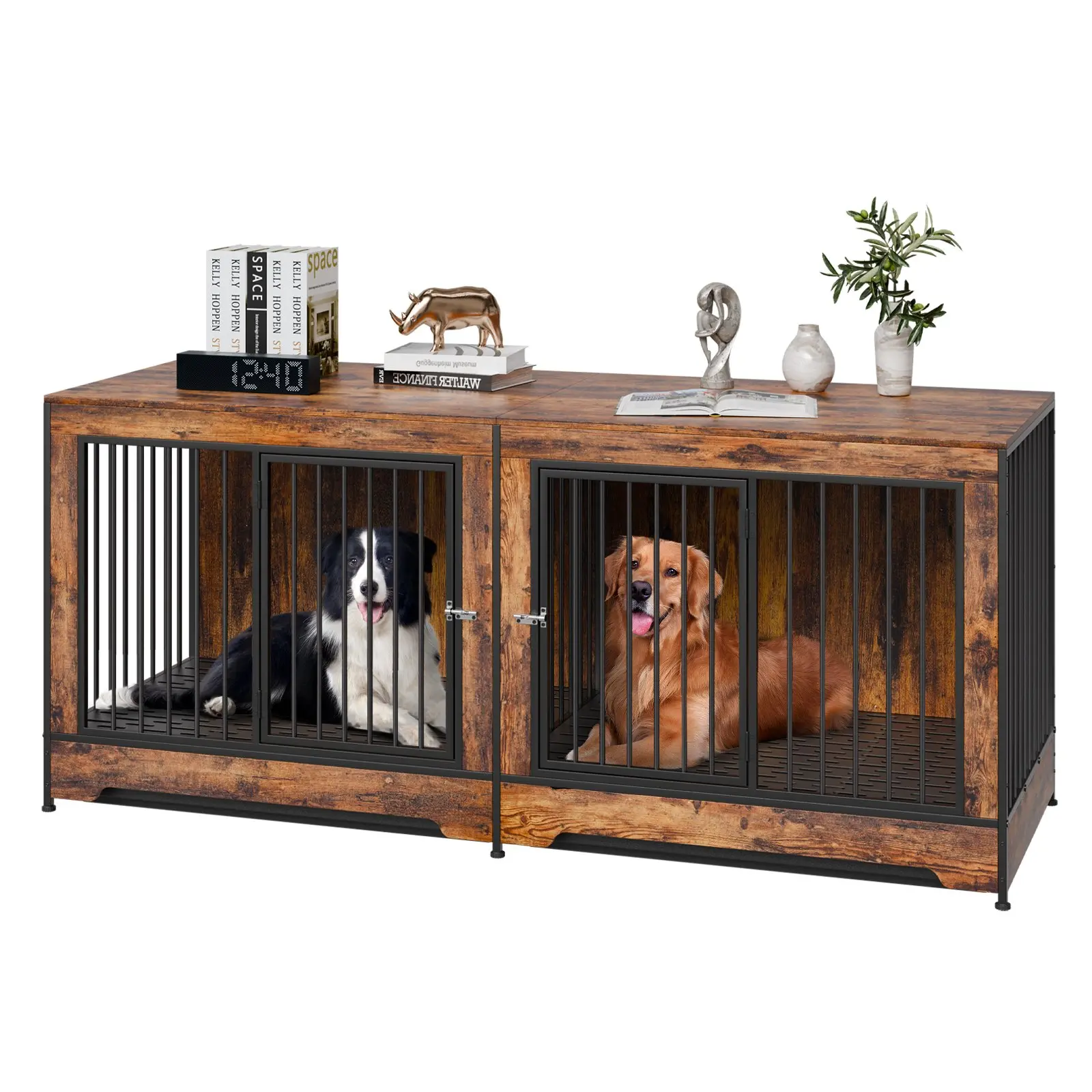 VEVOR 75" Dog Crate Furniture for 2 Dogs, Extra Large Double Dog Crate Furniture Large Breed with Divider Double Doors, Large Wooden Dog Crate Furniture TV Stand for Medium Large Dogs Brown