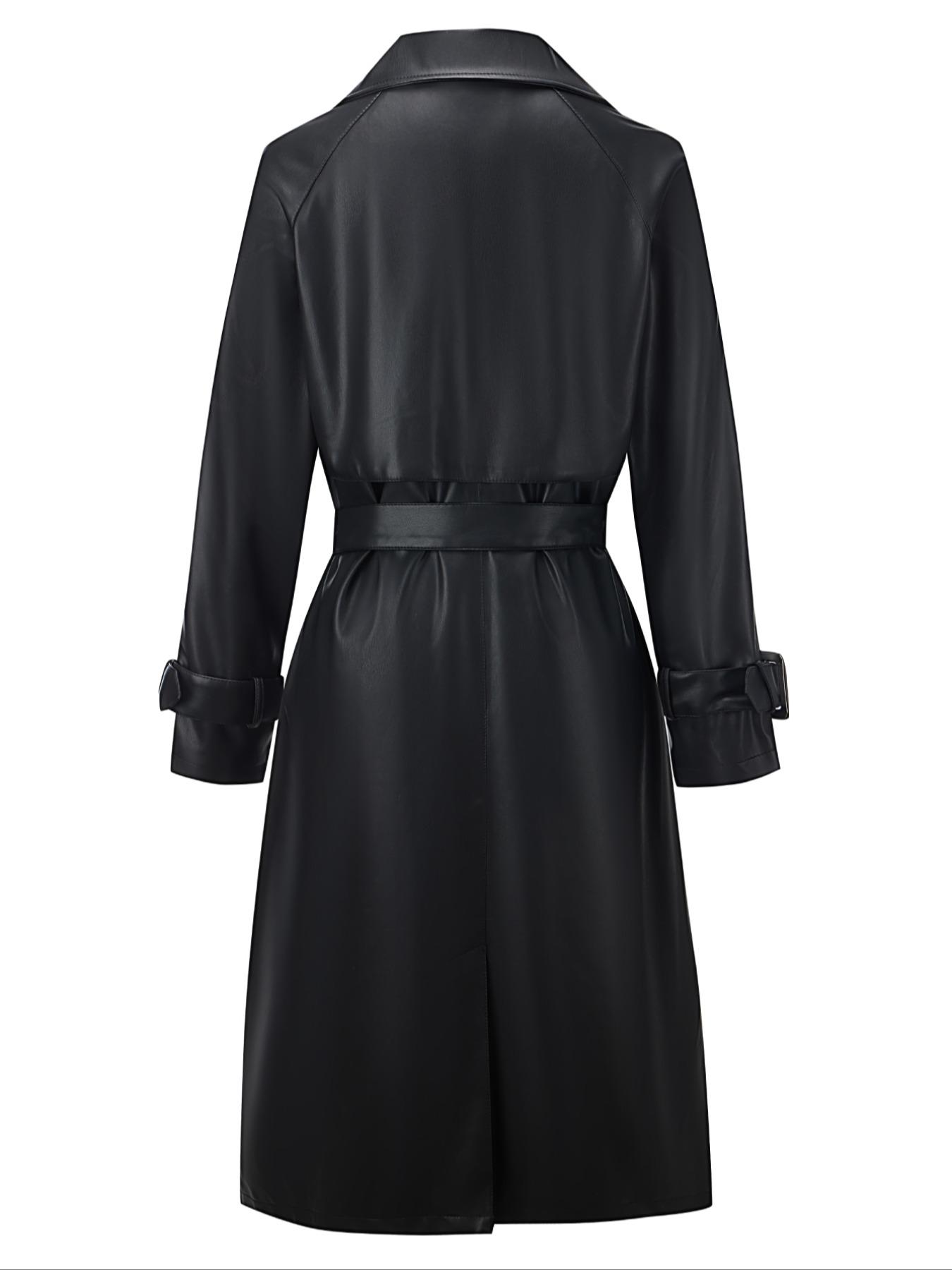 Women's Spring British Style PU Long Jacket, Casual Fitted Windbreaker, Lightweight Elegant Commuter Coat, Includes Waistband