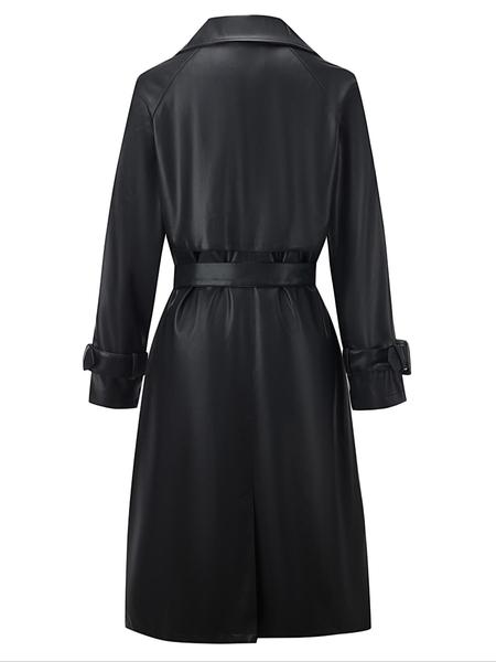 Women's Spring British Style PU Long Jacket, Casual Fitted Windbreaker, Lightweight Elegant Commuter Coat, Includes Waistband