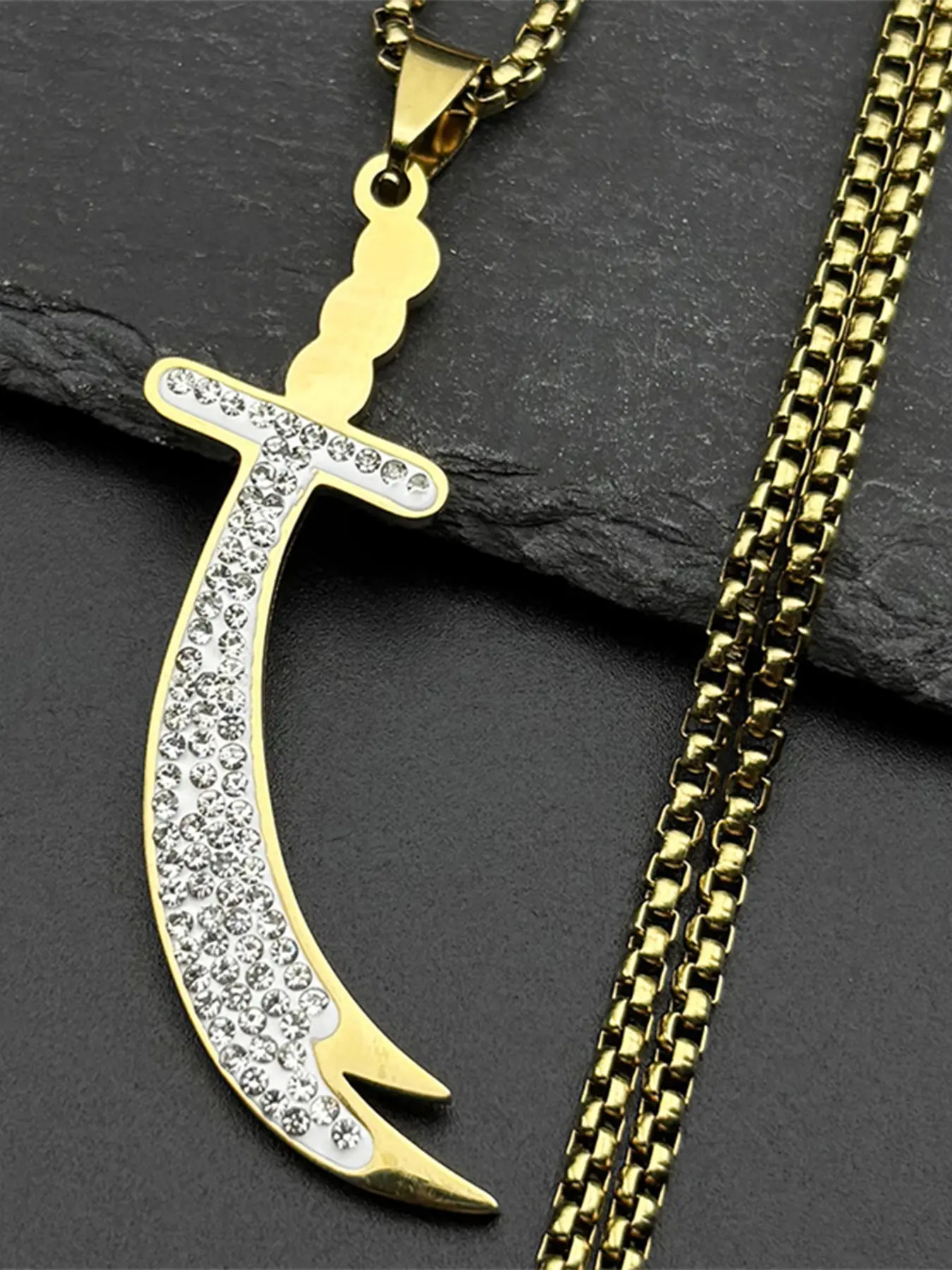 Islamic Imam Ali Zulfiqar Sword Pendant Necklace for Women Men Stainless Steel Gold Color Full Rhinestones Arabic Chain