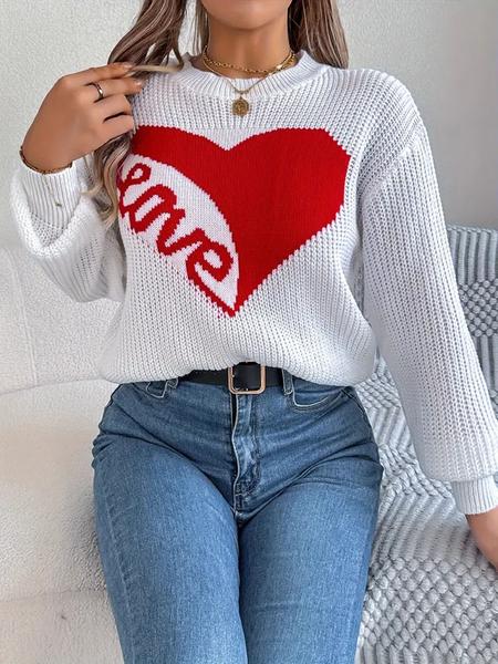 New Heart Loose Knit Sweater for Women, Autumn Winter Round Neck Pullover, Casual Colorblock Design, Lazy Style Heart Pattern Top, Knitted Shirt