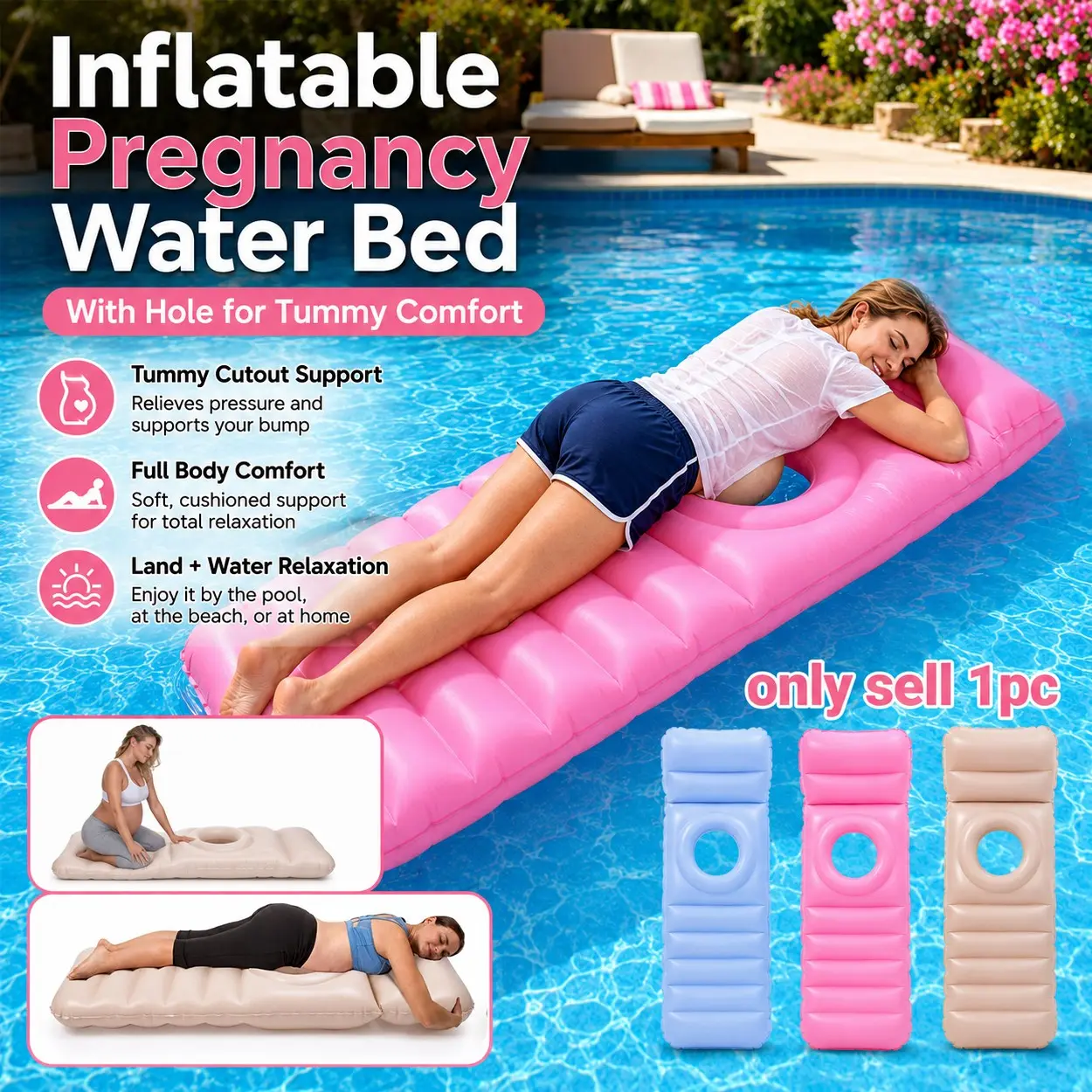 Inflatable Pregnancy Float with Belly Hole O-Shaped Style, Inflatable Water PVC Maternity Pool Float & Yoga Mat, Full Body Support Lounger for Pregnant Moms, Portable Inflatable Mat, Portable Pool Floater, Tummy Sleeping Bed for Outdoor Pool, Beach