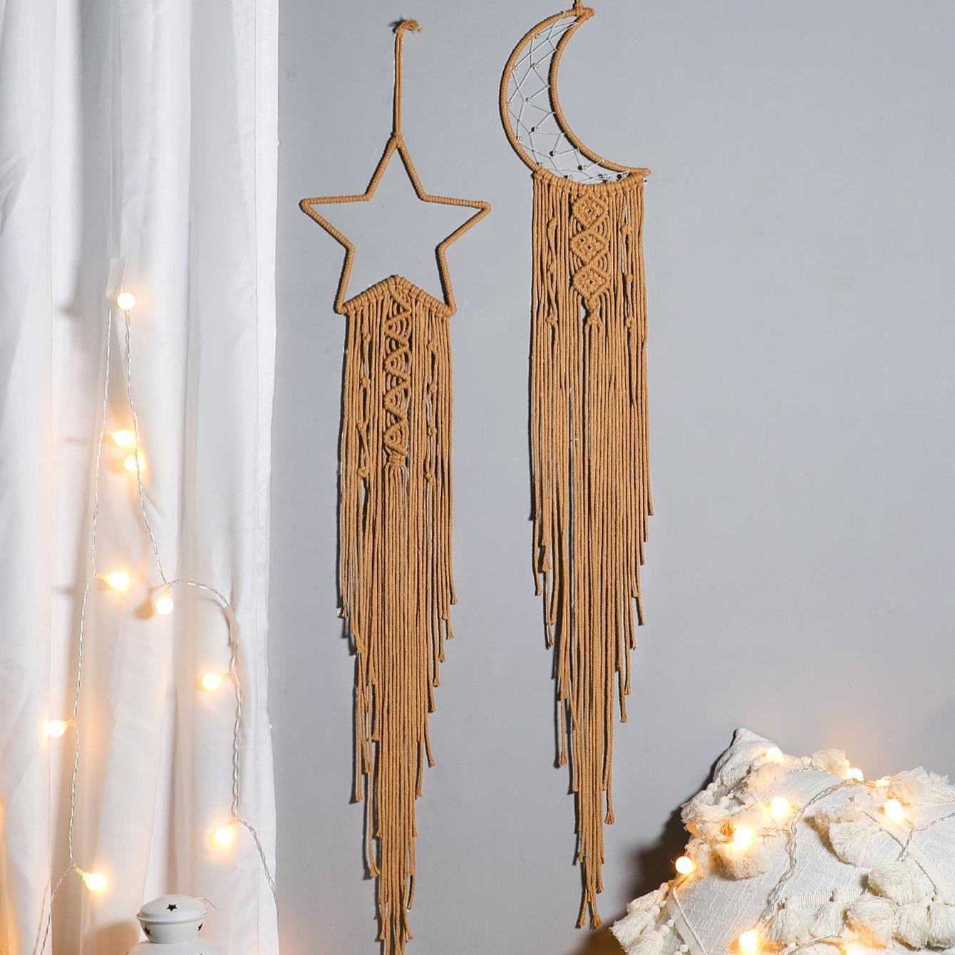 Tassel Dream Catcher Hanging Ornaments, 1 Set Hand Woven Lace Stars Moon Dreamcatcher Wall Hanging Decor without LED Lights, Hangable Wall Art for Home, Bedroom, Hanging Room Decor, Boho Decoration, Interior Wall Decor
