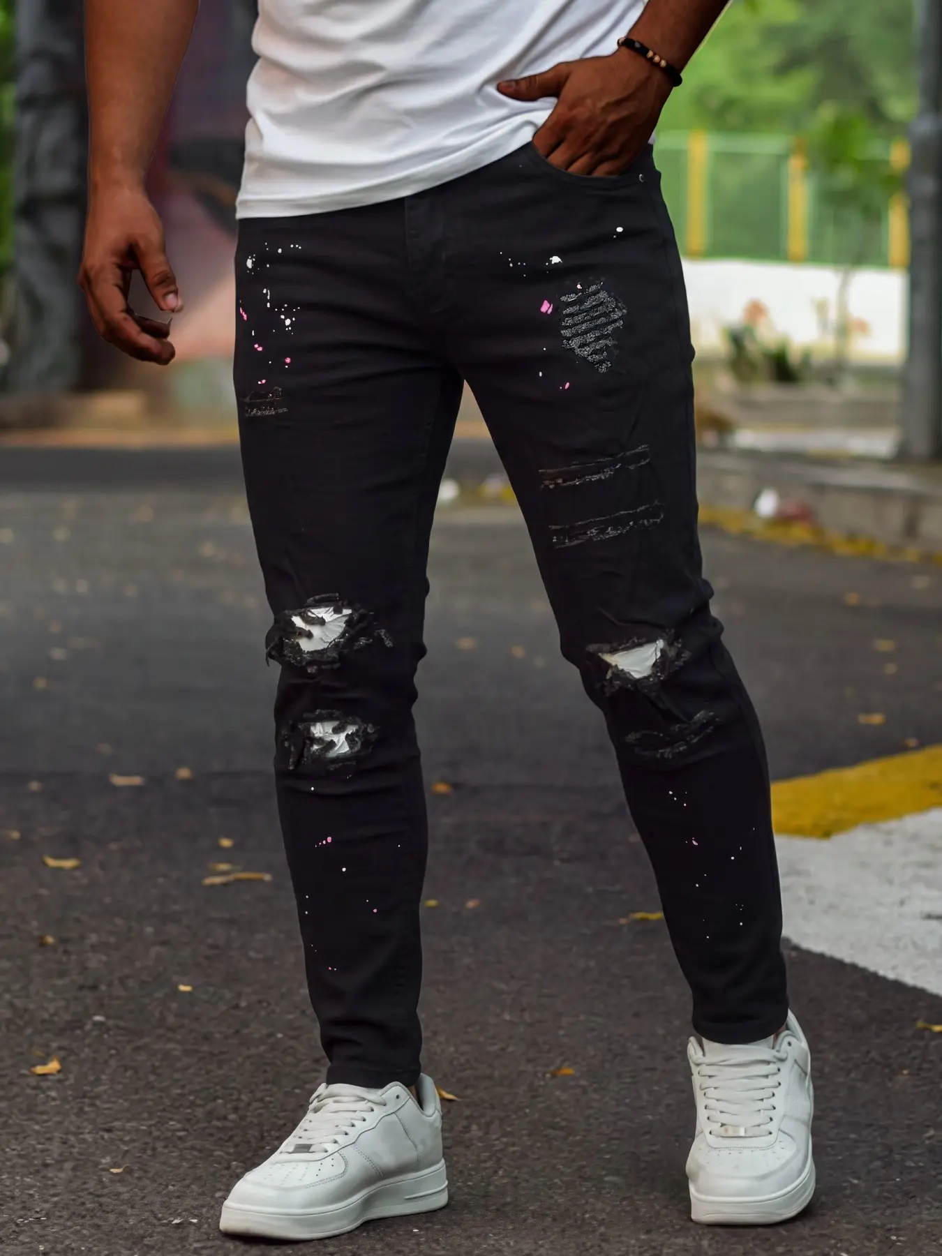 Men’s Streetwear Slim-Fit Jeans, Black Stretch Denim with White Patchwork Ripped Details, Trendy and Versatile Casual Pants, Great Gift for Husband or Boyfriend