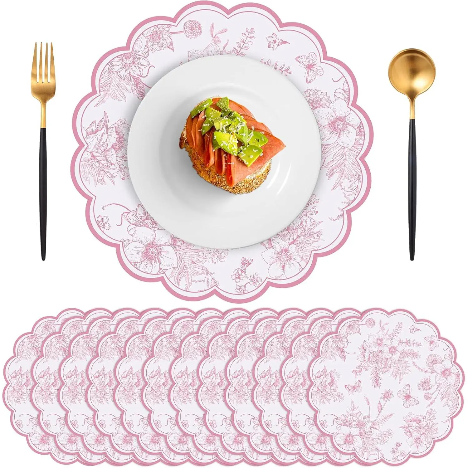 60 Pcs Thick Paper BPA-Free Pink Floral Print Disposable Scalloped Curled Edge Placemats, 13.5in Durable Kitchen Tableware with Golden Accents, Reduces Cleaning Time for Wedding Party Vintage Wildflower Table Setting