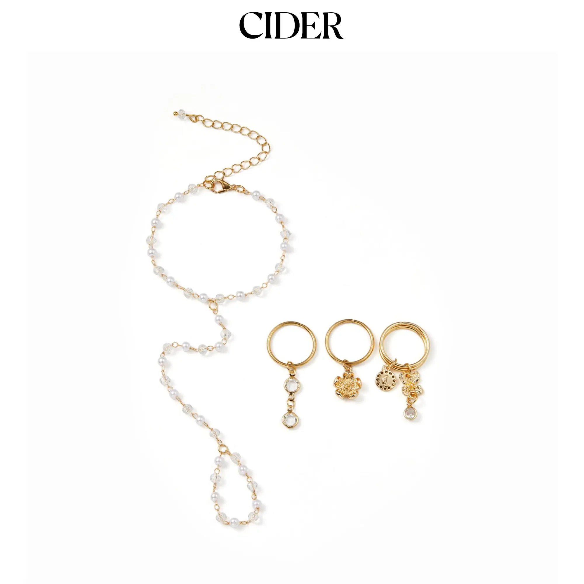 Cider RHINESTONE FLOWER HAND CHAIN BRACELET & RING SET