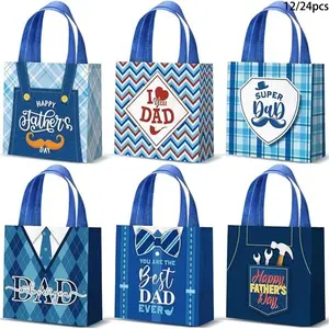 12/24pcs Father's Day Goodie Bags Bulk Reusable Best Dad Gift Tote Bags with Handles Non Woven for Fathers Party Treat Supplies Party Favor