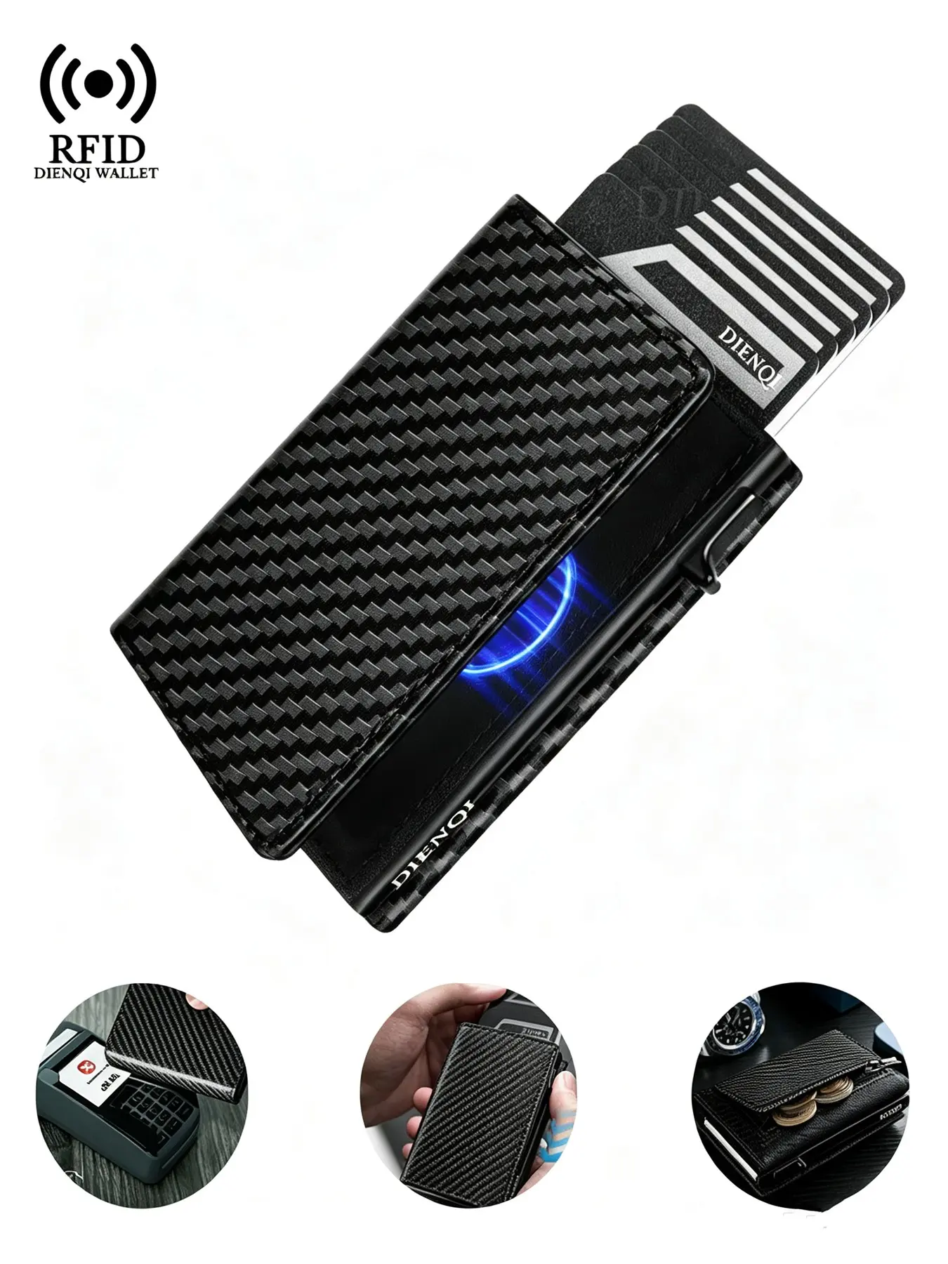 Rfid Anti-Scan Pop-Up Card Wallet, Carbon Fiber Credit Card Holder, Minimalist Slim Card Case, for Men Daily Commute
