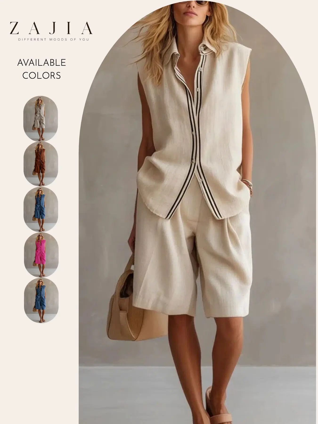 Women’s Linen Blend 2 Piece Shorts Set, Sleeveless Button Down Shirt and Bermuda Shorts, Casual Summer, Resort Wear