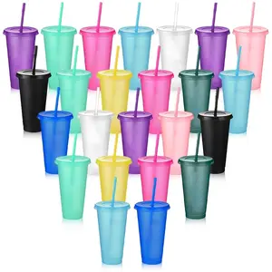 Multi-Specification Semi-Transparent Plastic Straw Beverage Cup Set, Large Capacity Frosted Cup with Lid, Suitable for Home Parties/outdoor Use